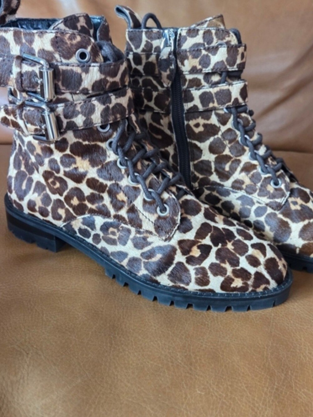 Rebecca Minkoff Jaiden Leopard Print Calf Hair Combat Boots Size 8